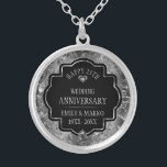 Silver & Black 25th Wedding Anniversary Silver Plated Necklace<br><div class="desc">Image of a silver,  shiny floral damask with white diamonds and customizable text,  '25th Wedding Anniversary.</div>