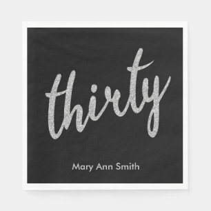 Silver Black 30 Birthday Party Glitter "Thirty" Napkin