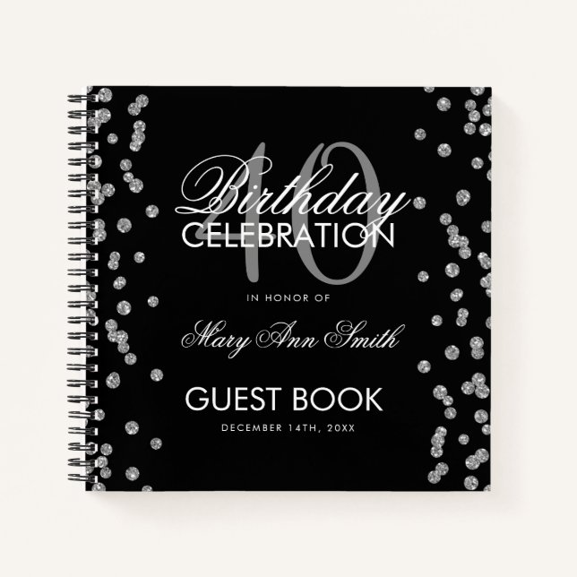 Silver Black 40th Birthday Guestbook Confetti Notebook (Front)
