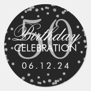Silver Black 50th Birthday Faux Glitter Confetti Classic Round Sticker