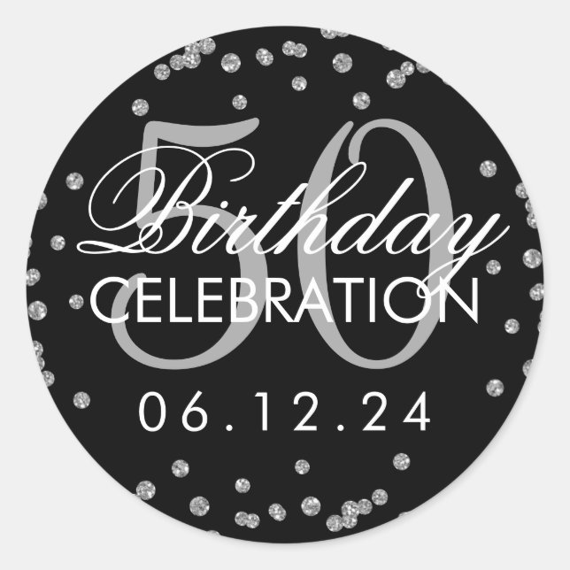 Silver Black 50th Birthday Faux Glitter Confetti Classic Round Sticker (Front)