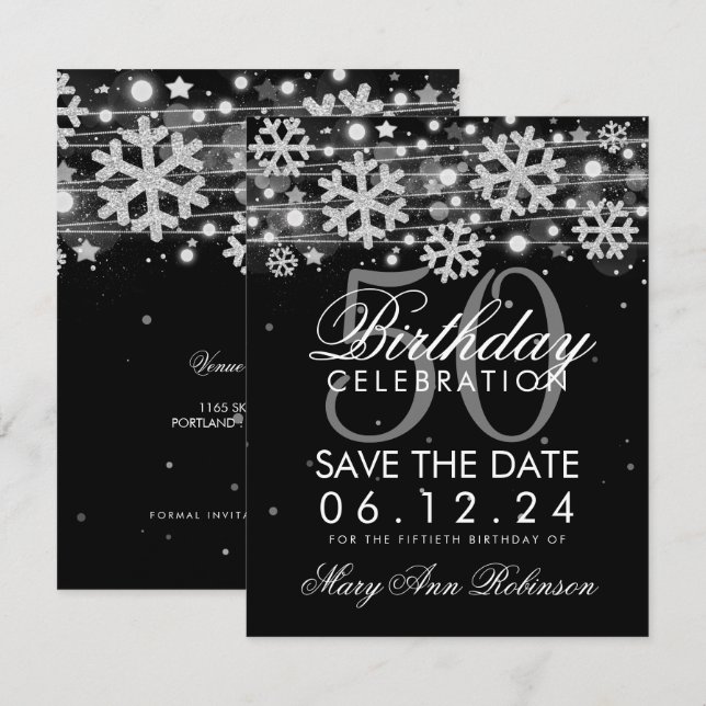 Silver Black 50th Birthday Save Date Winter Invitation (Front/Back)