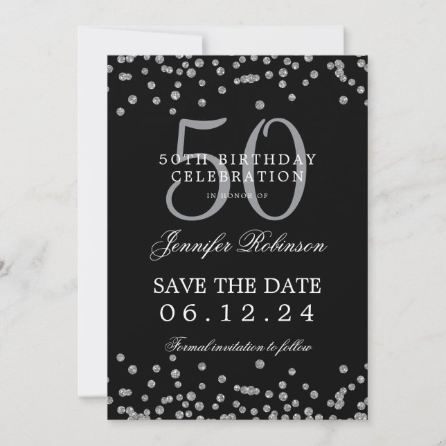 Silver Black 50th Birthday Save the Date Confetti Invitation (Front)
