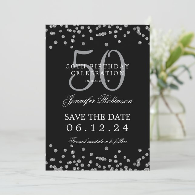 Silver Black 50th Birthday Save the Date & Details Invitation (Standing Front)