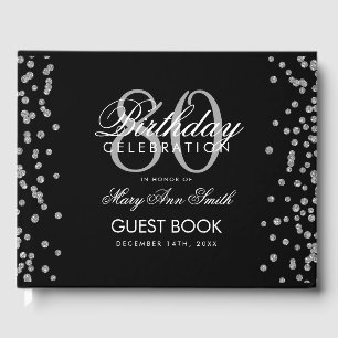 Silver Black 80th Birthday Party Glitter Confetti Guest Book
