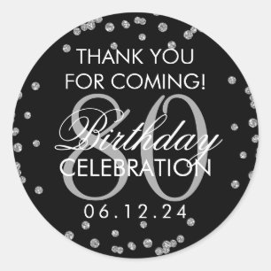 Silver Black 80th Birthday Thank You Glitter Classic Round Sticker