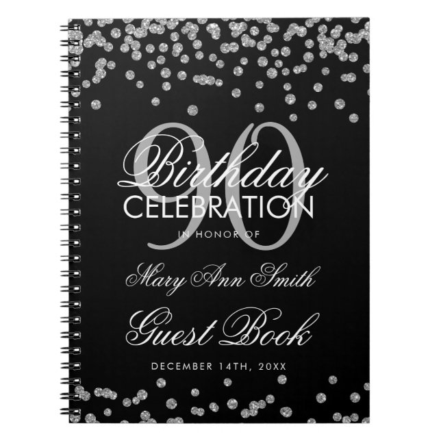 Silver Black 90th Birthday Guest Book Confetti (Front)