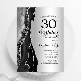 Silver Black Agate 30th Birthday Invitation