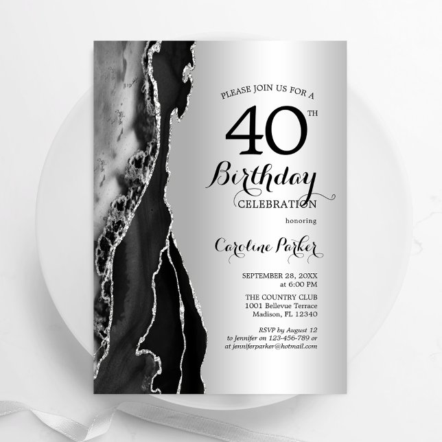 Silver Black Agate 40th Birthday Invitation (Creator Uploaded)
