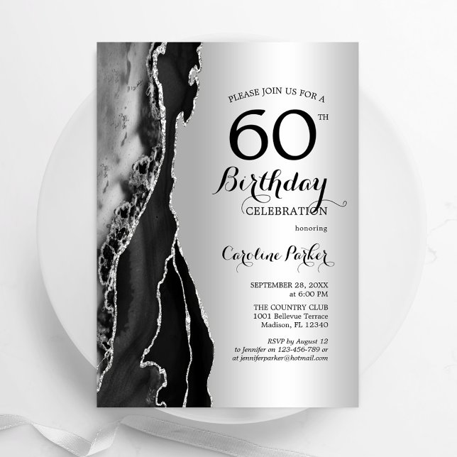 Silver Black Agate 60th Birthday Invitation (Creator Uploaded)