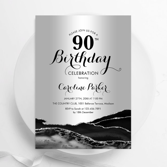 Silver Black Agate Marble 90th Birthday Invitation (Creator Uploaded)