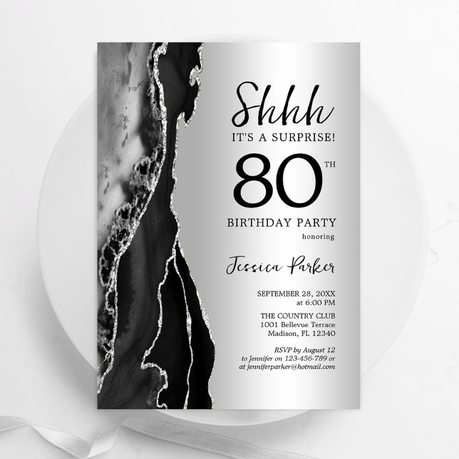 Silver Black Agate Surprise 80th Birthday Invitation (Creator Uploaded)