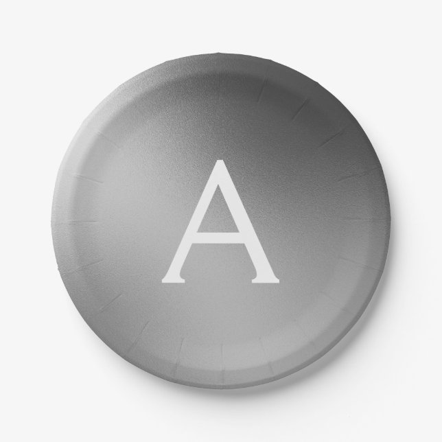 Silver, Black and White Metallic Foil Monogram Paper Plate (Front)