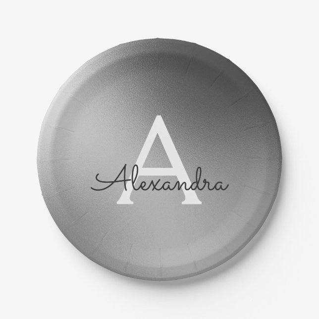 Silver, Black and White Metallic Foil Monogram Paper Plate (Front)