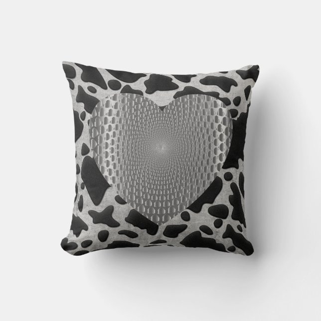 Silver & Black Animal Print Silver Prismatic Heart Throw Pillow (Front)