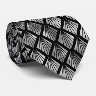 Silver black art deco tiled pattern neck tie