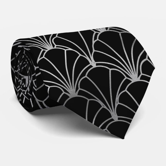 Silver black art deco tiled pattern neck tie (Rolled)