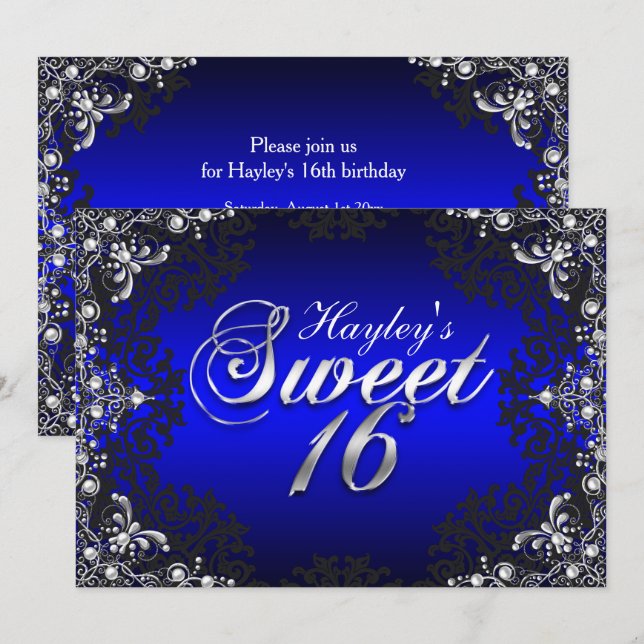Silver Black Blue Pearl Damask Sweet 16 Invitation (Devant / Derrière)