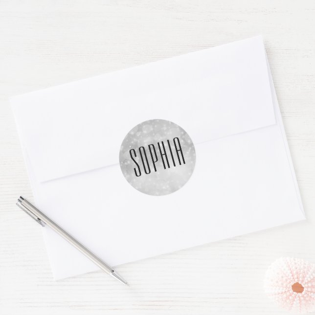 Silver Black Bokeh Cute Elegant Name Classic Round Sticker (Envelope)