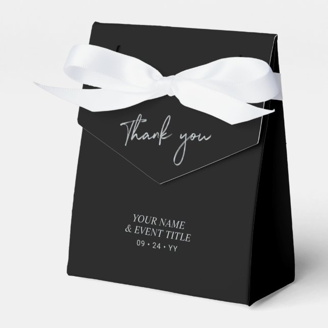 Silver & Black Brush Script Party Thank you Favour Favor Box (Front Side)