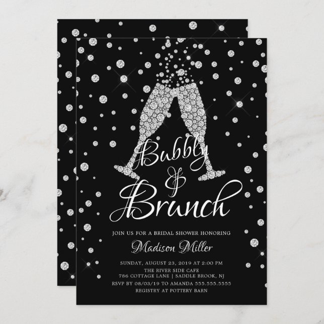 Silver & Black Bubbly & Brunch Bridal Shower Invitation (Front/Back)