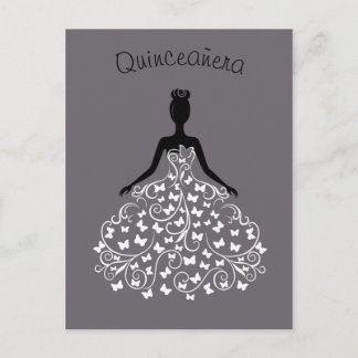 Silver Black Butterfly Gown Quinceanera Invitation Postcard