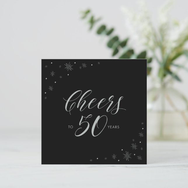 Silver & Black Cheers 50th Birthday Party Square Invitation (Standing Front)