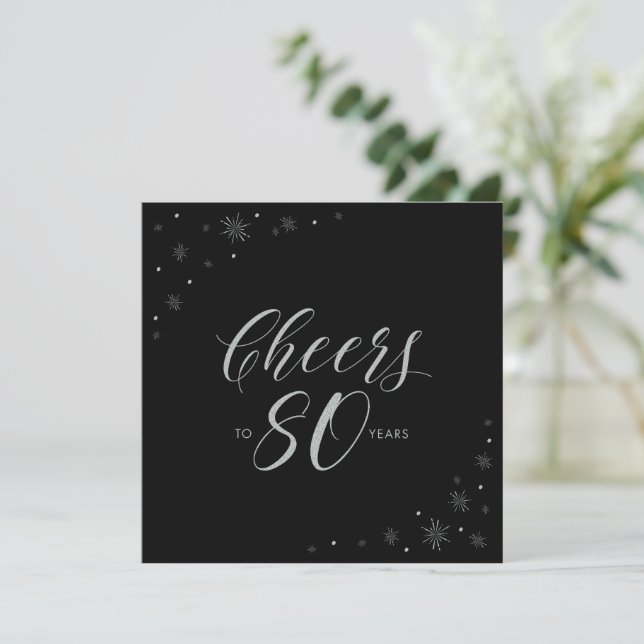 Silver & Black Cheers 80th Birthday Party Square Invitation (Standing Front)