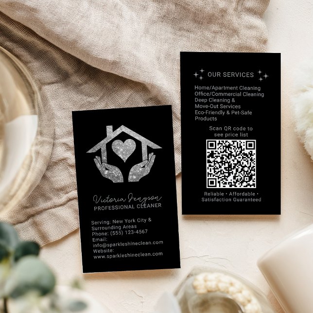 Silver Black Cleaning Service Maid QR Code Logo Business Card (Silver Black Cleaning Service Maid QR Code Logo Business Card
)