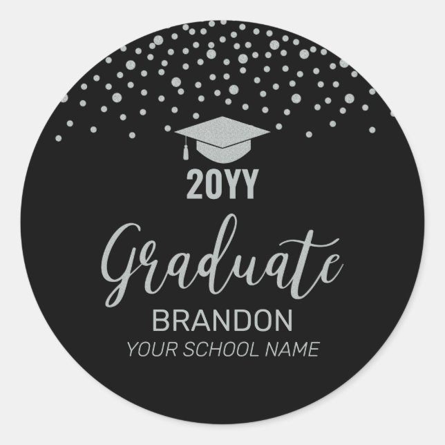 Silver Black Confetti Graduation Party Favour Classic Round Sticker (Front)