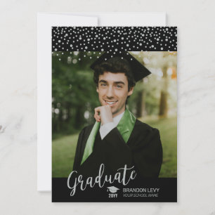 Silver & Black Confetti Photo Graduation Announcement