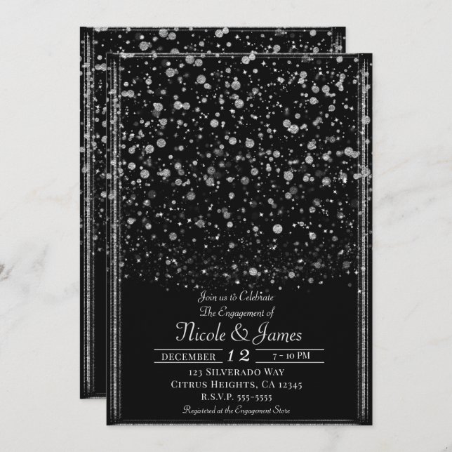 Silver & Black Confetti Splatter Engagement Party Invitation (Front/Back)