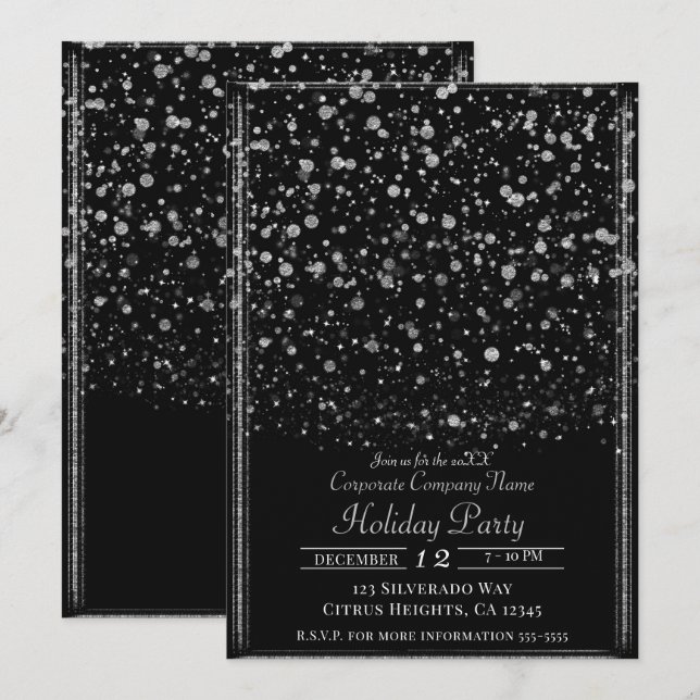 Silver & Black Confetti Splatter Holiday Party Invitation (Front/Back)