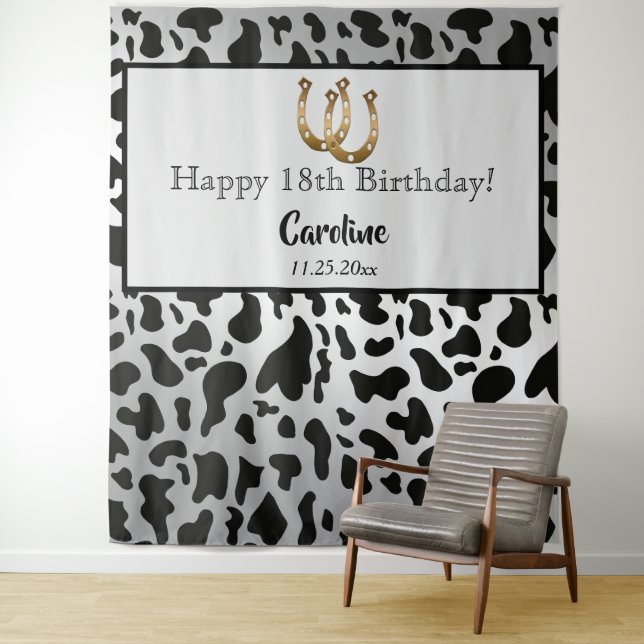 Silver & Black Cow Spots & Gold Horseshoe Birthday Tapestry (In Situ)