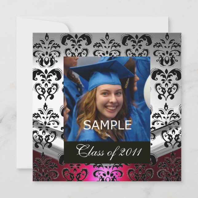 SILVER ,BLACK DAMASK GRADUATION MONOGRAM Champagne Announcement (Front)