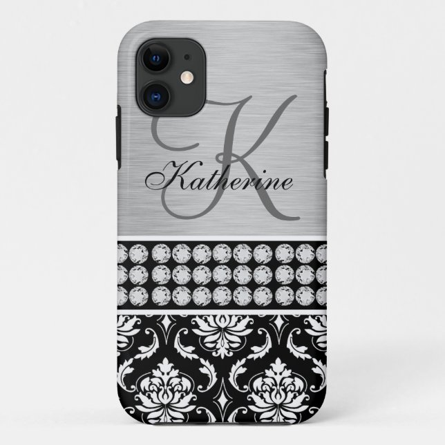Silver Black Damask Name Monogram iPhone 5 Case (Back)
