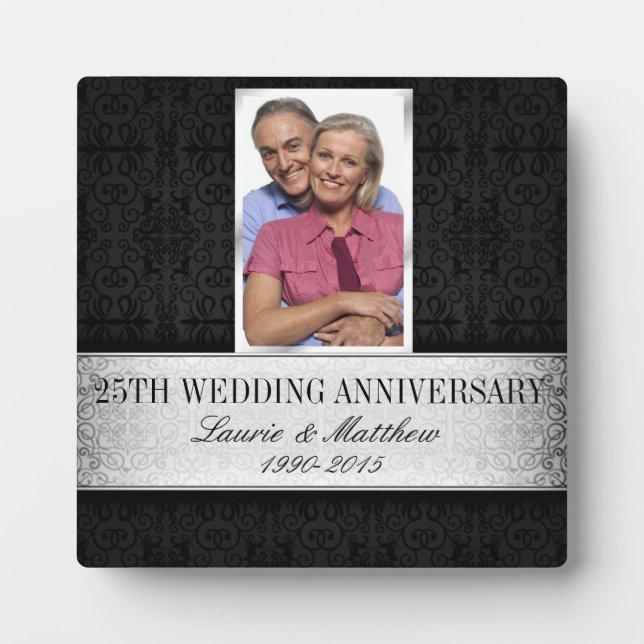 Silver Black Damask Photo Frame 25th Anniversary (Front)