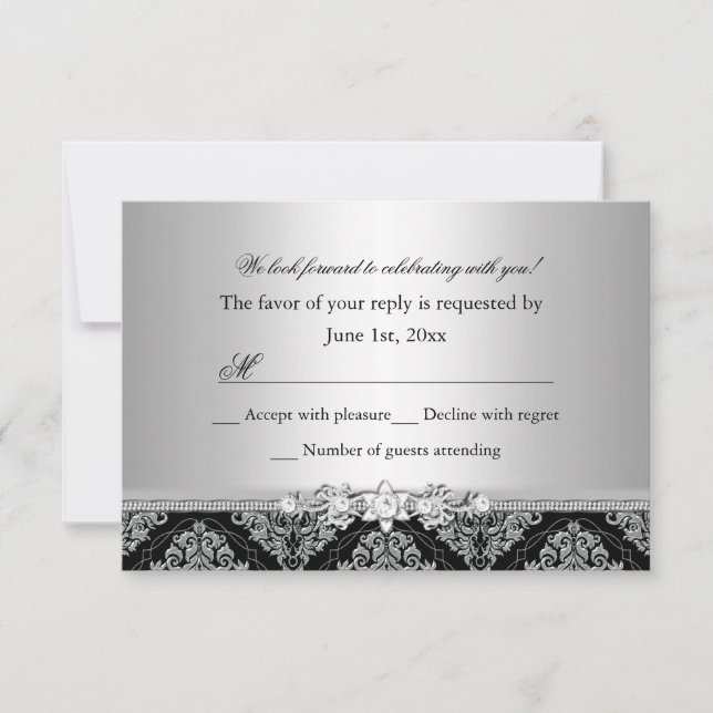 Silver & Black Damask RSVP Card (Front)