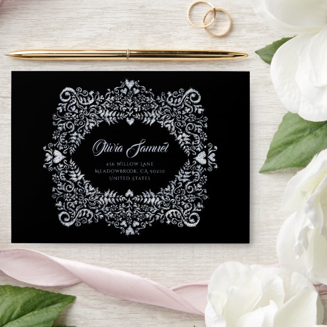 Silver Black Diamond Damask Wedding Envelope (Wedding)
