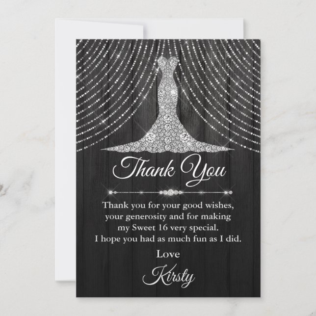 Silver Black Diamond Dress Sweet 16 Thank You Card (Front)
