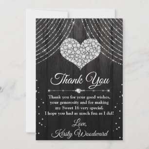 Silver & Black Diamond Heart Sweet 16 Thank You Card