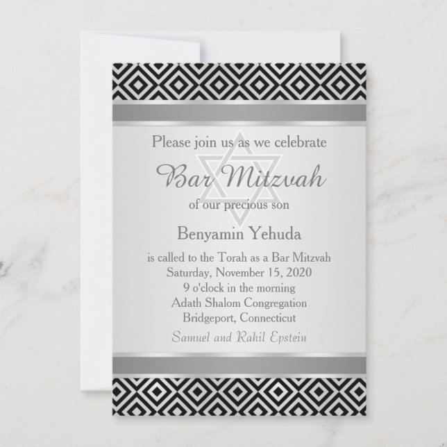 Silver black diamond pattern Bar Mitzvah Invite (Front)