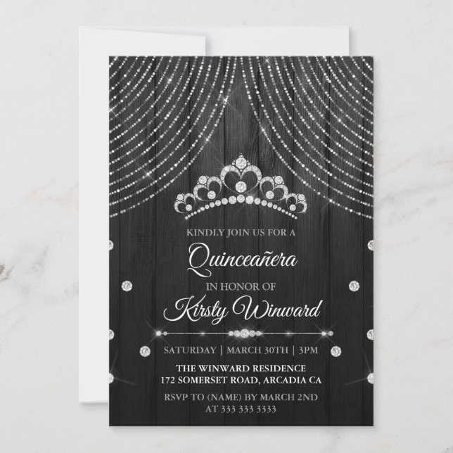 Silver Black Diamond Tiara Quinceanera Invitation (Front)