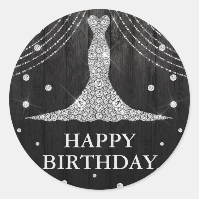 Silver Black Dress Bottle Happy Birthday Classic Round Sticker (Front)