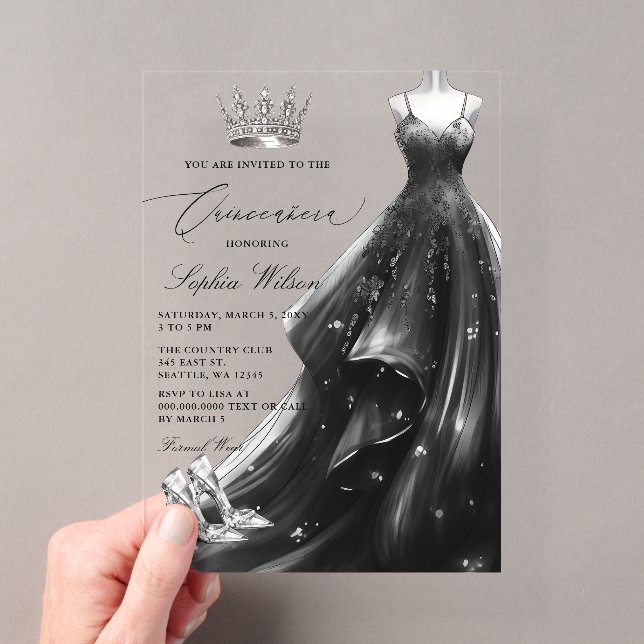 Silver Black Dress Princess Quinceañera  Acrylic Invitations (Insitu (Handheld))