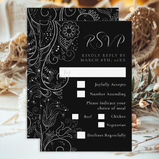 Silver Black Elegant Floral Wedding Meal Choice RSVP Card