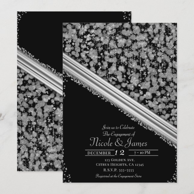 Silver & Black Elegant Glam Engagement Party Invitation (Front/Back)