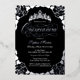 Silver Black Elegant Script Rose Quinceanera 
