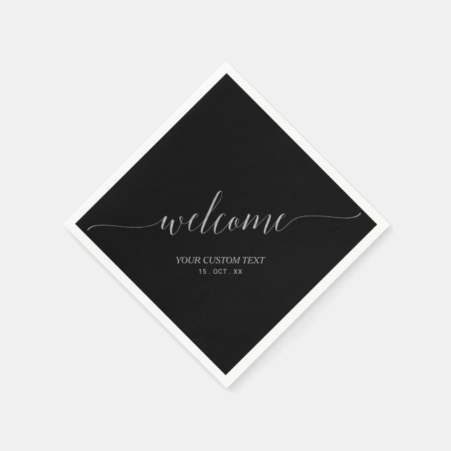 Silver & Black Elegant Script Welcome Party Napkin (Corner)