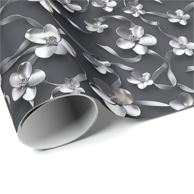 Silver Black Floral 25th Wedding Anniversary Wrapping Paper (Roll Corner)